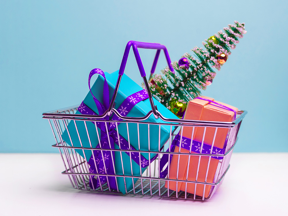 Christmas presents in shopping basket